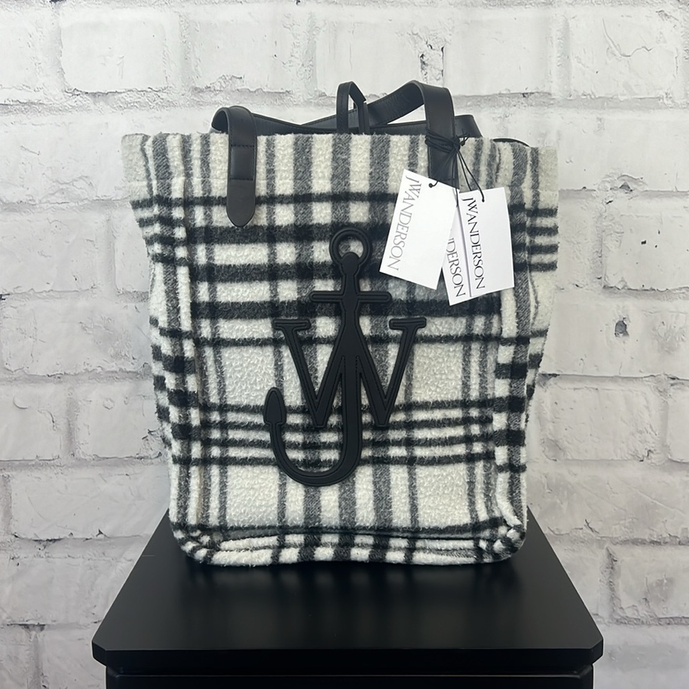 JW Anderson Unisex Oversized Belt Plaid Wool-Blend Leather Tote Bag Black White